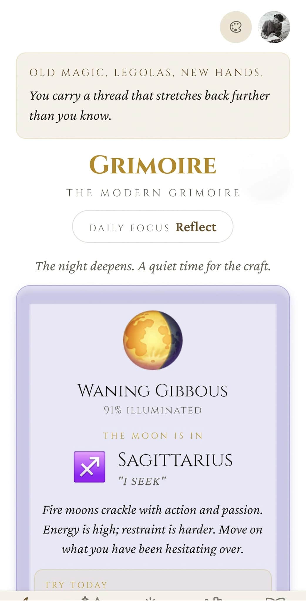 Explore the Daily Pulse feature Grimoire App Daily Pulse: lunar tracking and daily tarot draws for solitary witches