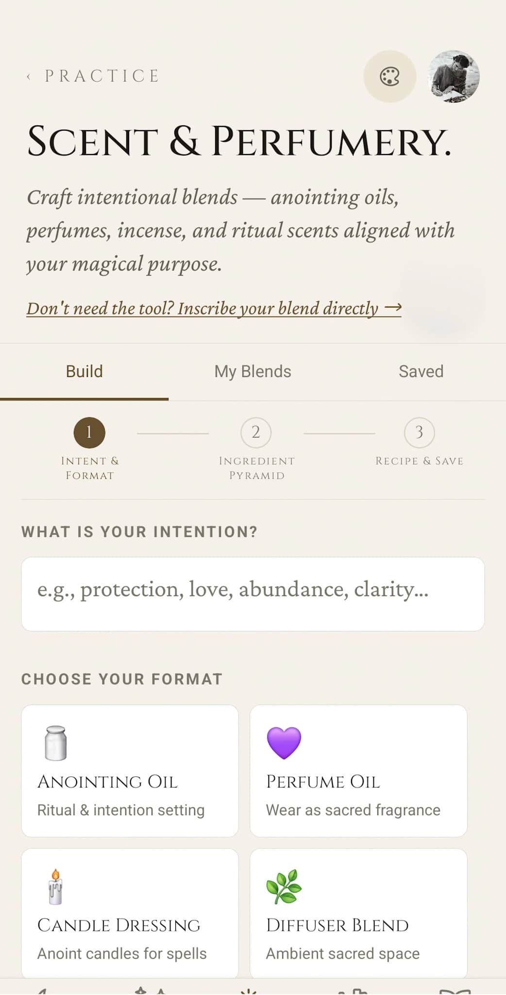 Explore the Scent Magic blend builder Digital Scent Magic wizard for ritual oil and incense blending for solitary witches